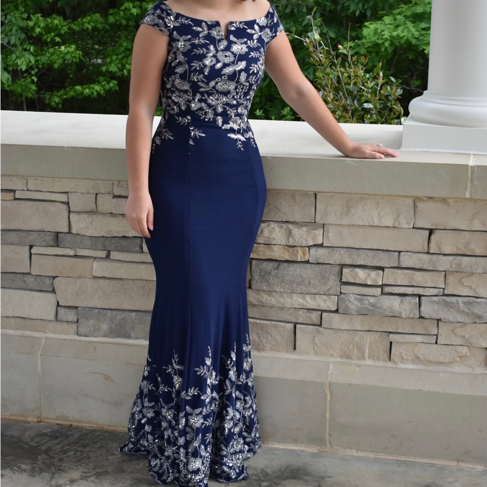 Navy formal dress with embroidery